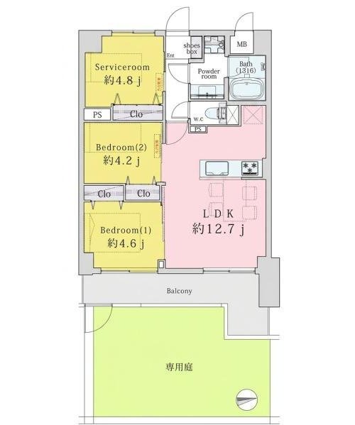 2LDK+S(納戸)、価格2180万円、専有面積57.62m2、バルコニー面積9.84m2 《間取り》■リビング中心の新生活。光を取り入れる開放的な設計で居心地の良い時間を演出します。戸建て感覚の専用庭が広がります。