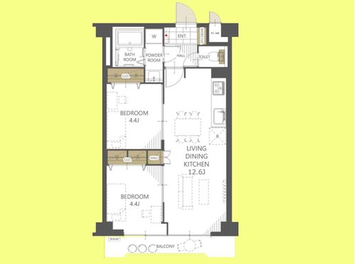 2LDK、価格4790万円、専有面積48.6m2、バルコニー面積5.84m2 間取り