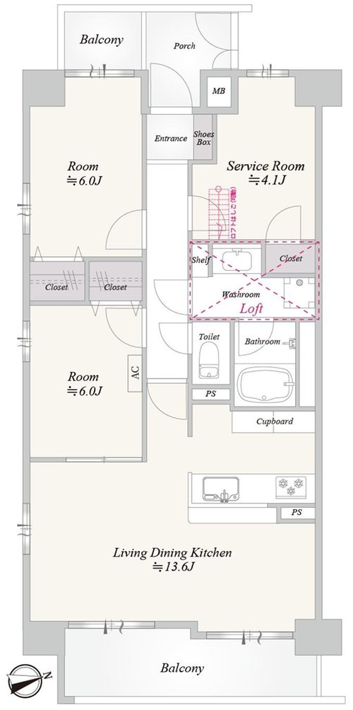 2LDK+S(納戸)、価格4680万円、専有面積64.56m2、バルコニー面積7.3m2 2SLDK+ロフト付きで、収納スペースも充実した間取りです。お子様のいる4人家族でも、成長に合わせてゆとりを持って暮らせる住空間です。
