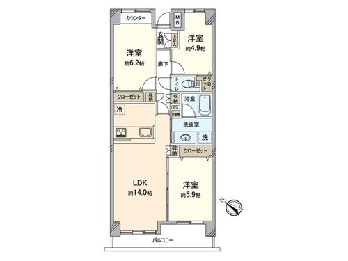 3LDK、価格5399万円、専有面積69.55m2、バルコニー面積7.79m2