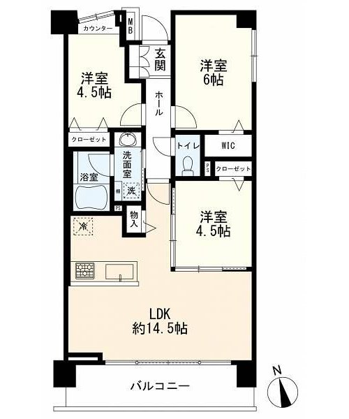 3LDK、価格4998万円、専有面積65.01m2、バルコニー面積9m2 間取図 3LDK