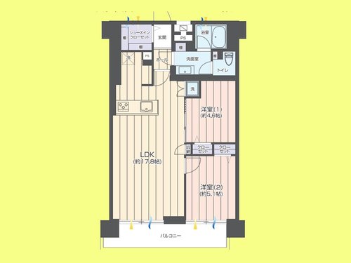 2LDK、価格5780万円、専有面積58.79m2、バルコニー面積1m2 間取り