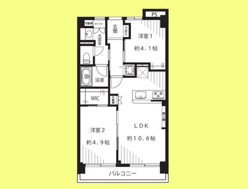 2LDK、価格4780万円、専有面積48.6m2、バルコニー面積5.4m2 間取