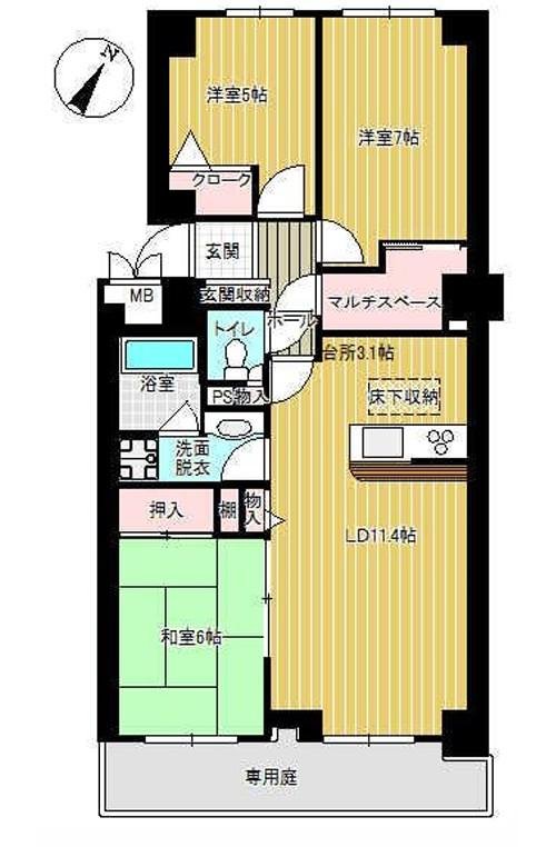 3LDK、価格1750万円、専有面積70.44m2 3LDK リフォーム済
廊下が少ない設計のため、無駄のない間取りになっています。