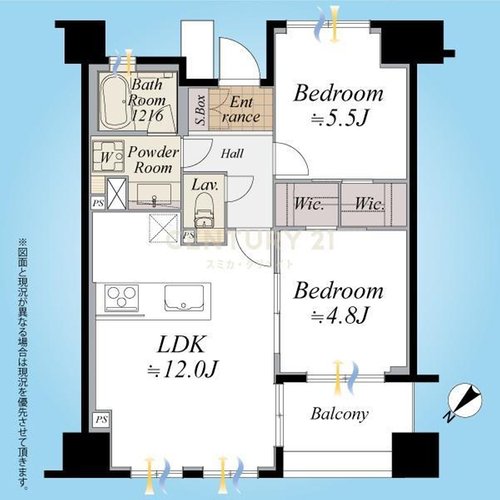 2LDK、価格1億1800万円、専有面積52.94m2、バルコニー面積5.2m2 間取図/12階最上階北西向き2LDK+2Wic、通風・眺望良好!2013年10月リノベーション実施履歴有り、ペットと一緒に暮らせます!