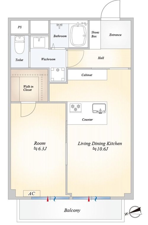 1LDK、価格4580万円、専有面積43.33m2、バルコニー面積4.79m2 1LDK 43.33m2 10畳超えの開放感のあるリビング 居室にはWIC付きで豊富な収納力。