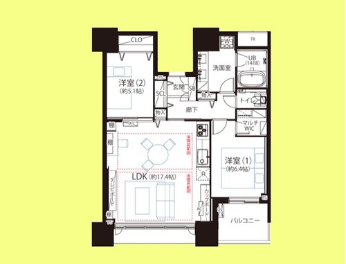 2LDK、価格1億8000万円、専有面積70.7m2、バルコニー面積5.08m2 間取
