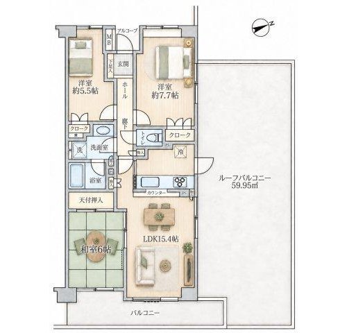 3LDK、価格4180万円、専有面積74.57m2、バルコニー面積12.22m2 3LDK、価格4180万円、専有面積74.57m2、バルコニー面積12.22m2 ルーフバルコニー面積59.95m2 【LDK 15.4帖】 【洋室 7.7帖・5.5帖】 【和室 6.0帖】