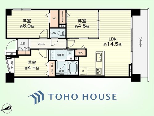 3LDK、価格4948万円、専有面積65.01m2、バルコニー面積9m2 【間取り図】
3LDK
