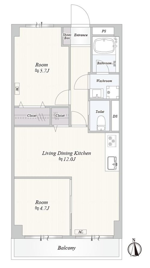 2LDK、価格2680万円、専有面積52m2、バルコニー面積5.2m2 2LDK 52平米の南向きのお部屋です。L字型のLDKと居室は可動式間仕切りとなっており、広々とした印象を与えます。