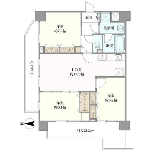 3LDK、価格4780万円、専有面積76.44m2、バルコニー面積20.3m2 間取り