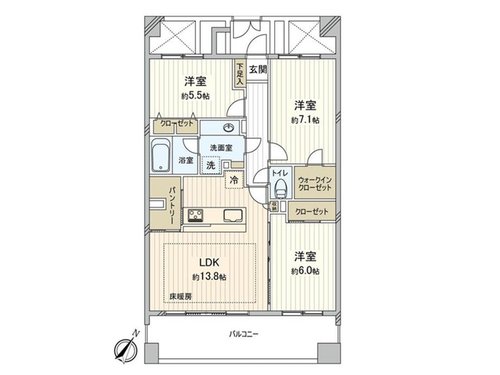 3LDK、価格9198万円、専有面積75.75m2、バルコニー面積13.5m2 間取図