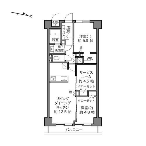 2LDK+S(納戸)、価格3990万円、専有面積65.04m2、バルコニー面積5.6m2