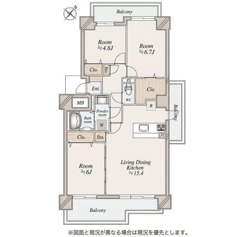 3LDK、価格2280万円、専有面積78.36m2、バルコニー面積19.33m2 3面にバルコニーがあり採光と風通しのいいお部屋。