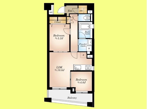 2LDK、価格9798万円、専有面積51.98m2 間取り