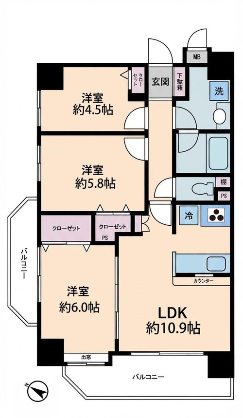 3LDK、価格3180万円、専有面積61.05m2、バルコニー面積12.08m2 間取り図